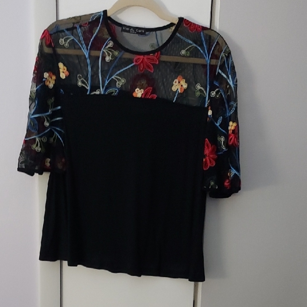 Karen Scott Black Top with Colorful Floral Embroidery